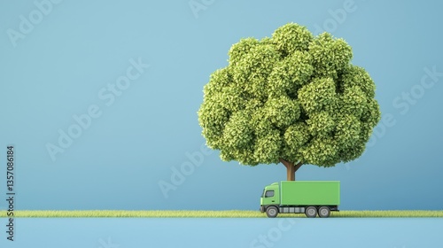 Eco-friendly delivery truck under a tree urban setting digital illustration clean environment aerial view sustainability concept