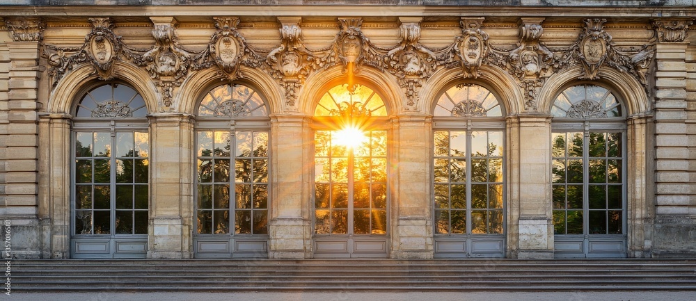 Obraz premium Intricate architectural details frame the windows of a mansard apartment on a rooftop, exemplifying classic Haussmannian style