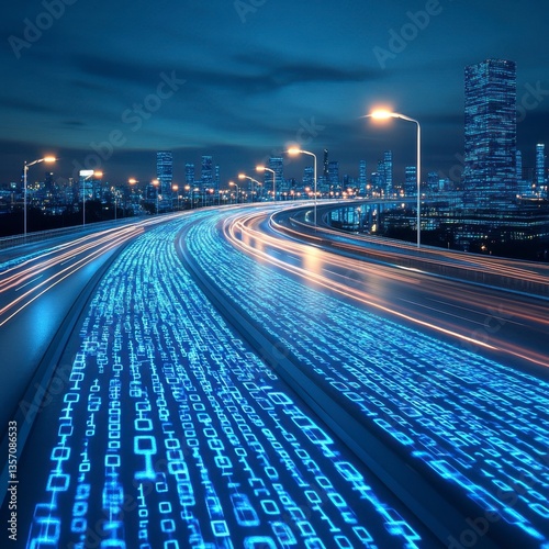 Glowing binary code streams across a nighttime highway, leading towards a modern cityscape. Blue digital data flows illuminate the asphalt, creating a futuristic scene.