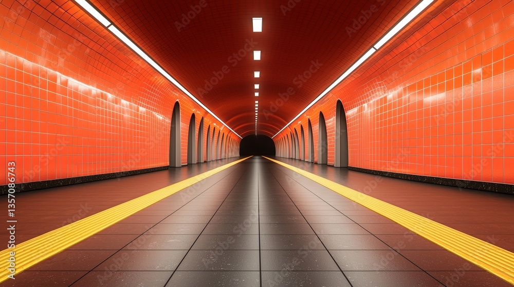 Fototapeta premium The modern subway tunnel boasts vibrant red walls accompanied by lighting