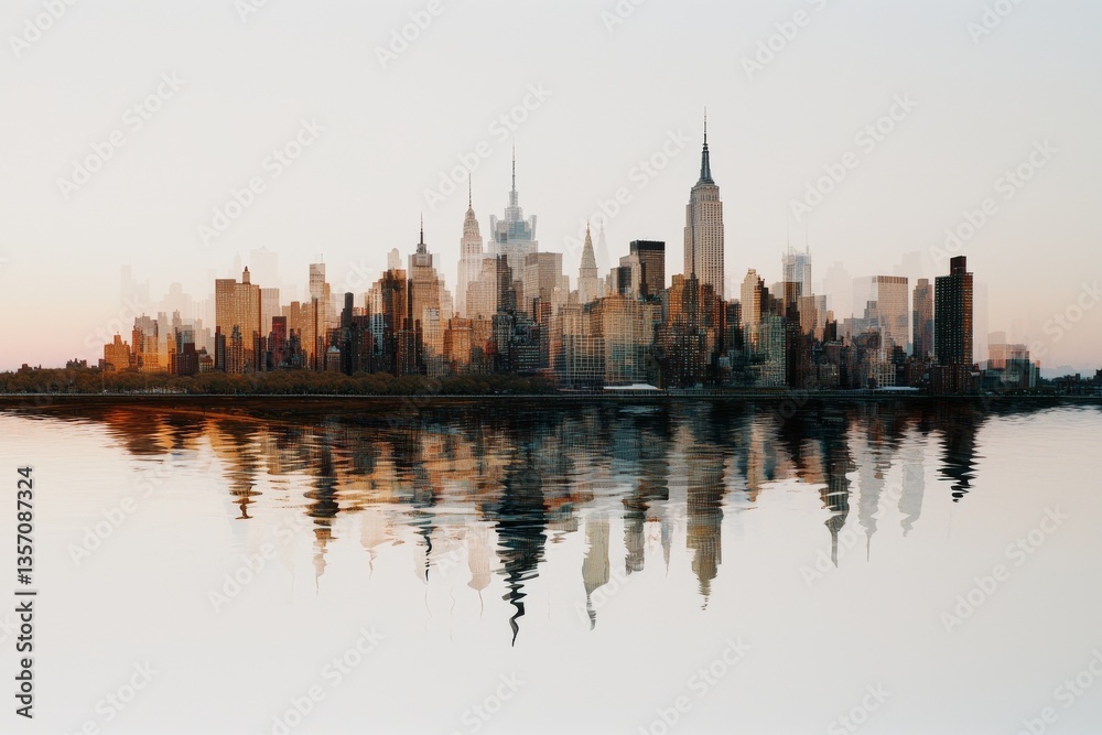 Obraz premium At sunset, the abstract urban landscape is dominated by a panorama of modern skyscrapers