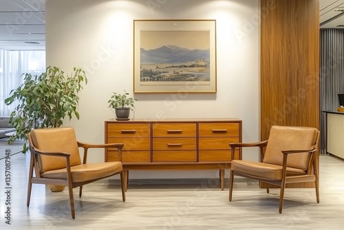 a modern living room interior with elegant furniture and decor, creating a stylish and inviting atmosphere. The room features two chairs, a wooden chest of drawers, and artwork.