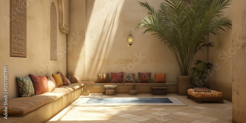 A Moroccan Riad: Mosaic Floors and Vibrant Ceramic Planters Filled with Lush Greenery in a Serene Courtyard