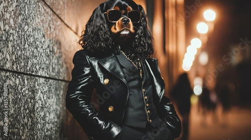 A dog with a penchant for style wears oversized sunglasses as it poses with confidence in a thriving urban setting aglow with vibrant nighttime illumination