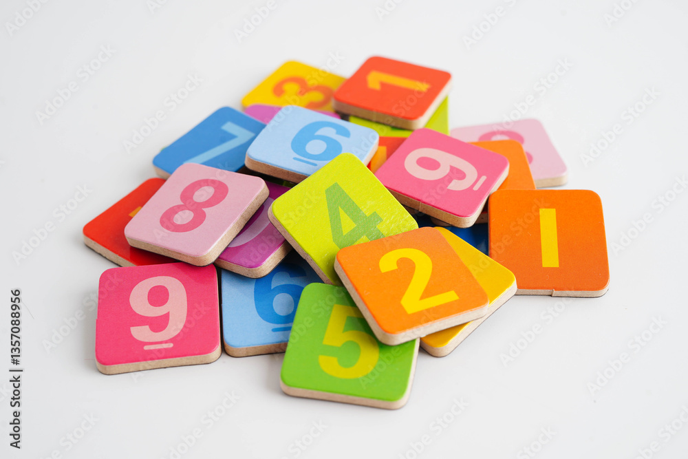 Obraz premium Number wood block cubes for learning Mathematic, education math.
