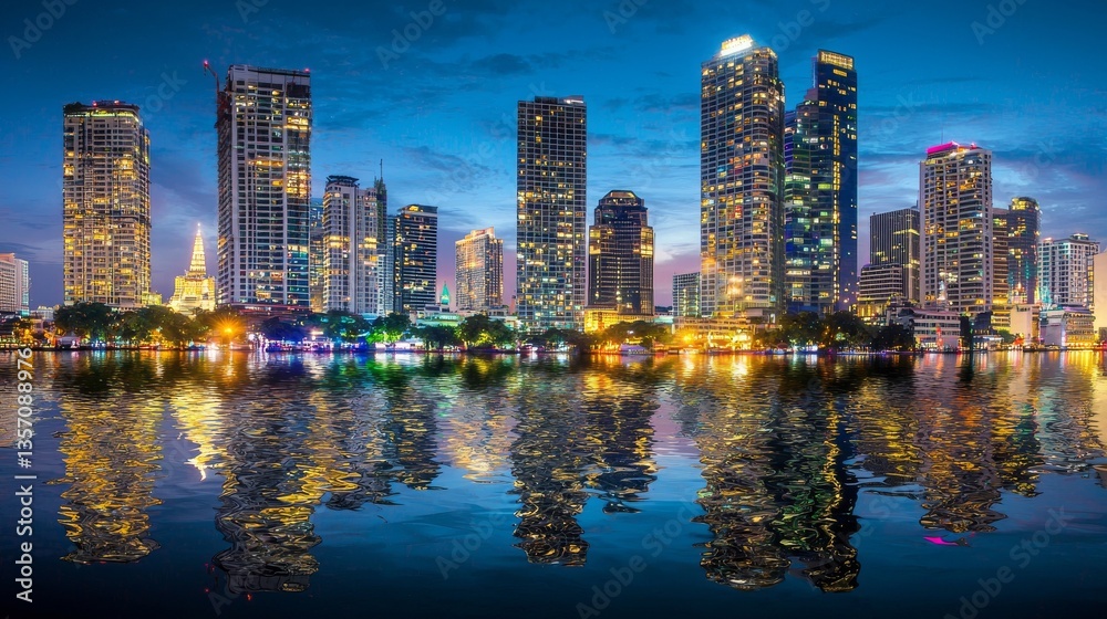 Naklejka premium A tranquil night scene in an Asian city, complete with a river reflection, urban skyline, boats, and city lights, is often depicted in tourism and advertising materials