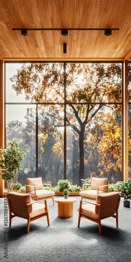 Fototapeta premium Cozy seating area with a view of autumn trees in a modern interior setting