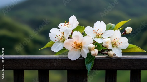 Spring blossoms on a wooden railing with a mountain backdrop