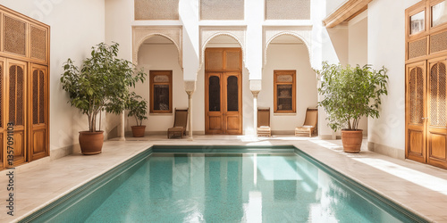 A Moroccan Riad: Mosaic Floors and Vibrant Ceramic Planters Filled with Lush Greenery in a Serene Courtyard