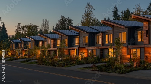 Eco-conscious abodes equipped with solar panels and an abundance of greenery, exemplifying modern design