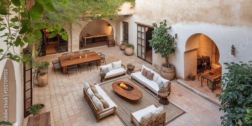 A Moroccan Riad: Mosaic Floors and Vibrant Ceramic Planters Filled with Lush Greenery in a Serene Courtyard
