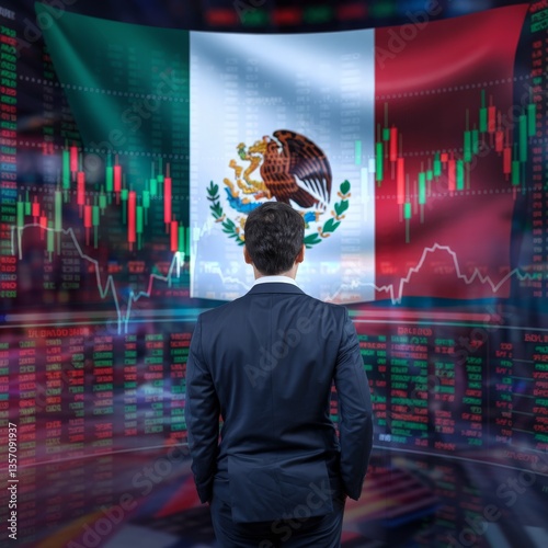 Mexico economy and stock market growth with candlestick chart, financial planning and investment trends