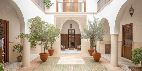 Andalusian-Inspired Riad With Horseshoe Arches: A Courtyard Adorned With Deep Red and Green Tiles Amidst Pomegranate and Olive Trees