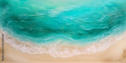 a top-down view of the beach showing turquoise ocean waves meeting the sandy shore