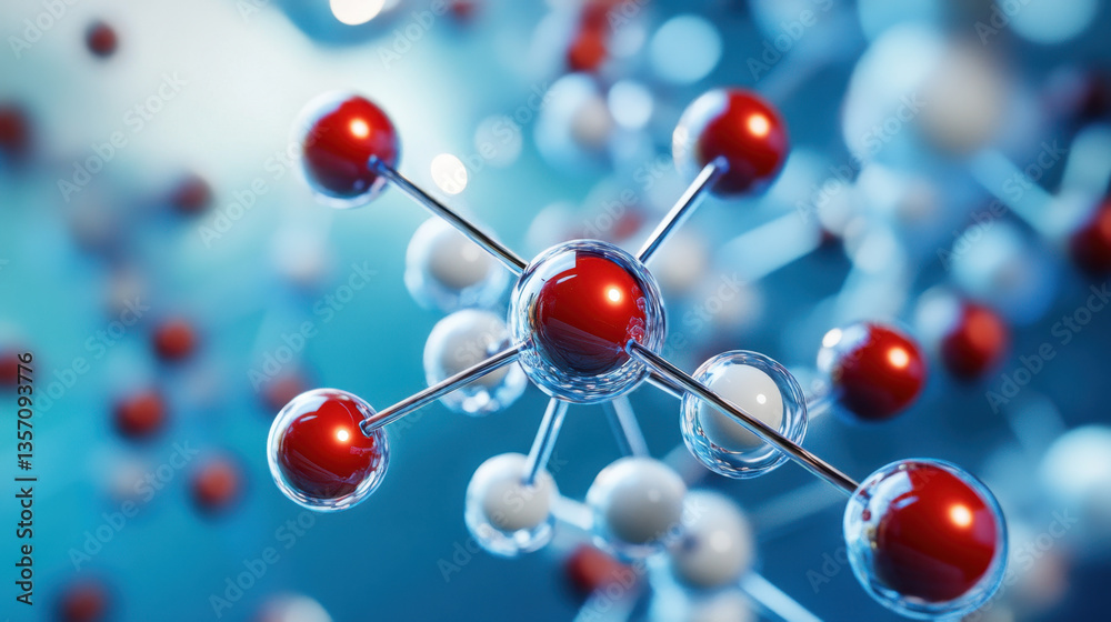 Red and white carbon atoms form a molecular structure on a blurred blue background, highlighting the basics of chemistry