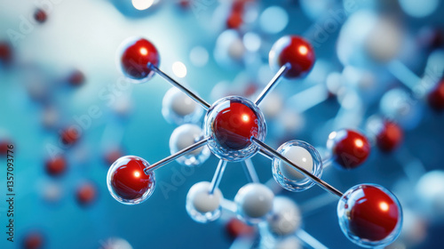 Obraz na płótnie Red and white carbon atoms form a molecular structure on a blurred blue background, highlighting the basics of chemistry w salonie