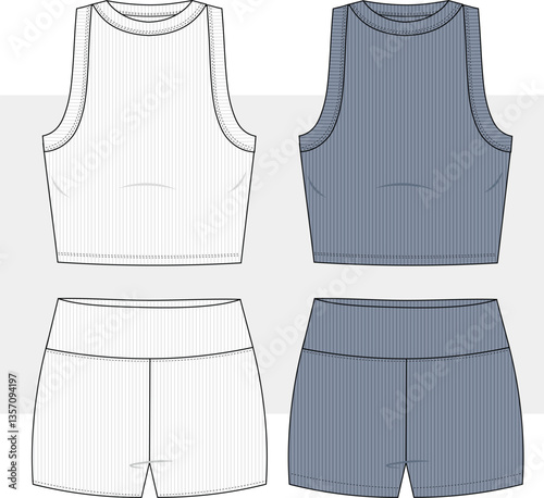 Set of women's ribbed tracksuit, ribbed tank top and leggings fashion technical drawing, illustration, vector. Drawing of leggings with high waist line. Cad, mockup.