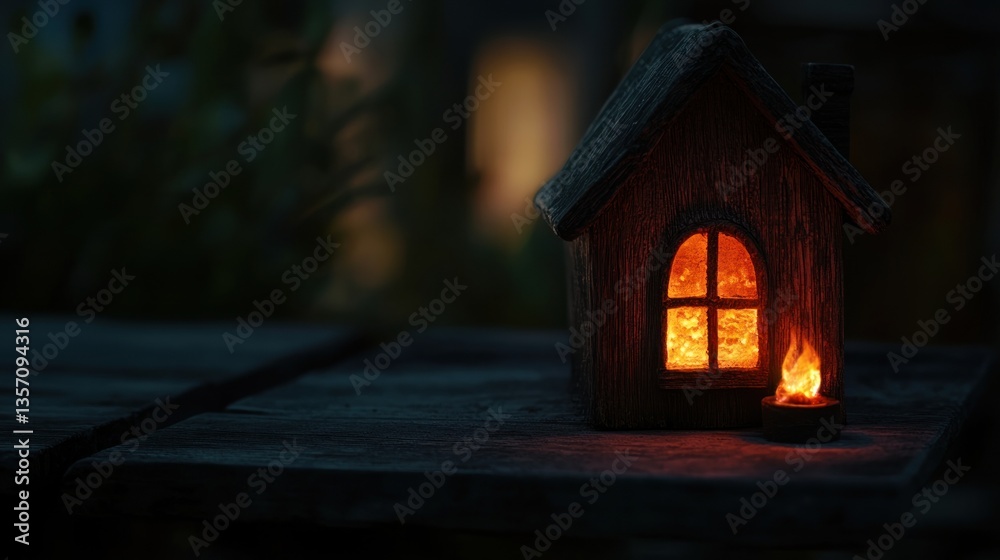 Naklejka premium Illuminated miniature wooden house on dark rustic table at night.