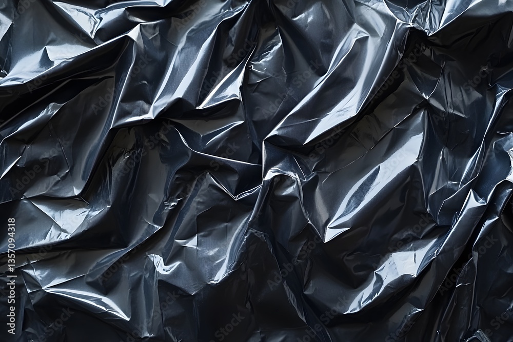 Crumpled black plastic material with highlighted surfaces in the picture Crumpled black plastic material with highlighted surfaces in the picture