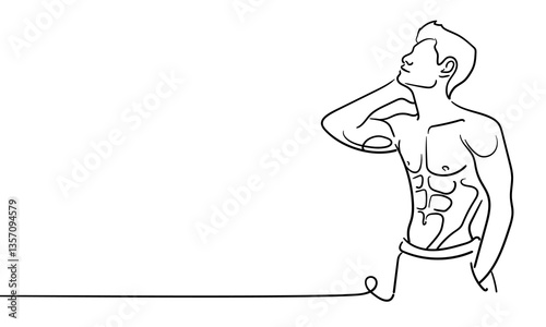 Sculpted pumped up body. Sport man narcissist, admires himself on white background. Sport guy model line art drawing. Vector illustration