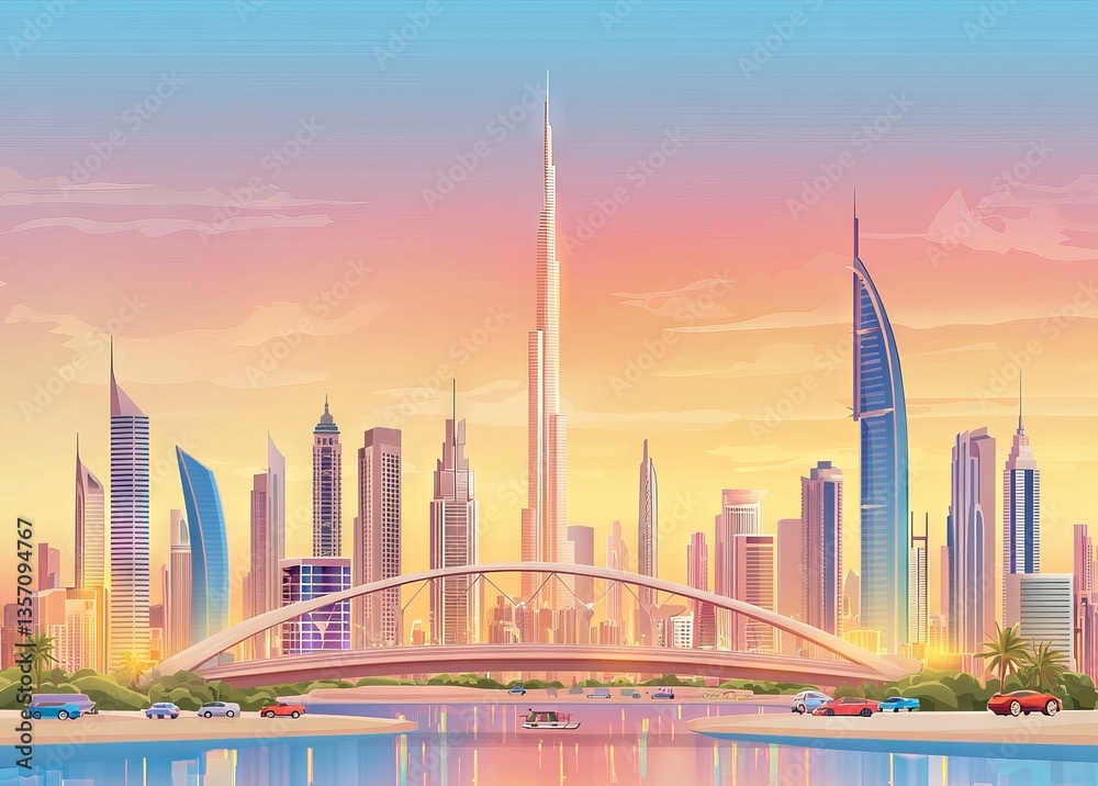 Obraz premium The illustration of a stylized cityscape captures the essence of urbanity with its modern buildings and the warm hues of a sunset over a thriving city