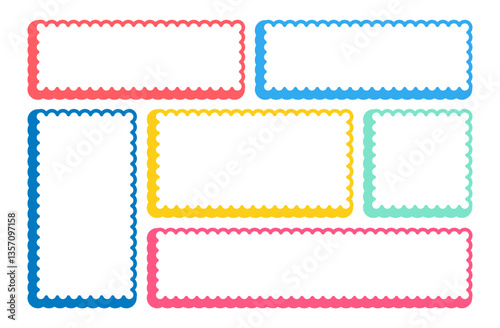 Frames Scalloped Vector Corrugated Bento Grid Shapes Set. Scallop Frame Wavy Retro Stickers Collection. Zig Zag Edge Geometric Borders Tag Boxes. Wiggle Line Design Sign Background. Isolated