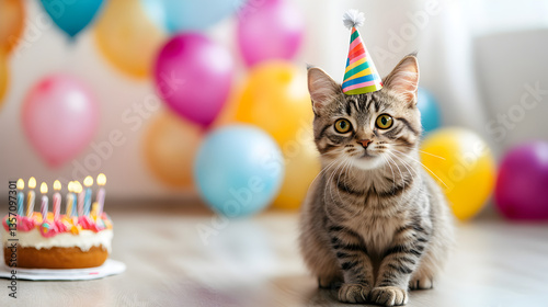 un gato en una cuarto adornado con globos pastel y velas para celebrar su cumpleaños con un gorro de fiesta colorido mascotas domesticas festejo de cumpleaños de mascota