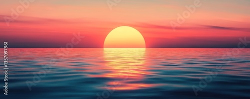 the vibrant sunset over the calm ocean, creating a picturesque scene with shades of orange and blue. The sun is large and glowing above the water