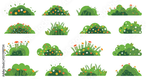 Set of green cartoon bush grass in a flat design. Bush grass collection