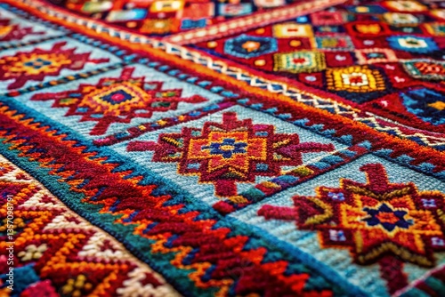 Authentic Turkish Rug Detail: Close-up Shot of Vibrant Woven Pattern
