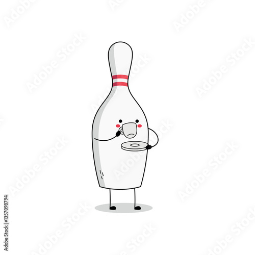 Cute bowling pin cartoon character drinking cup of tea doodle