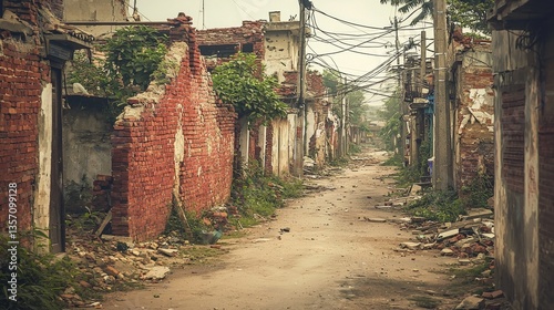 The remnants of a brick wall from a collapsed building are now overrun with vegetation, symbolizing urban decay and neglect photo