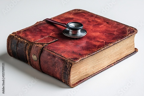 Vintage leather-bound medical book with a stethoscope resting on the cover for healthcare and education