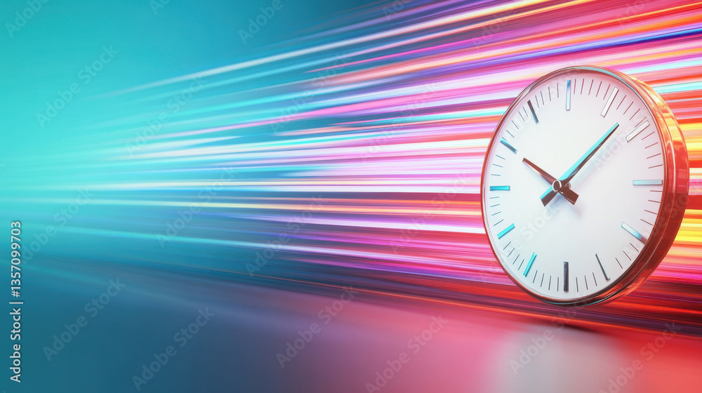 High speed time concept with clock face and colorful light streaks High speed time concept with clock face and colorful light streaks