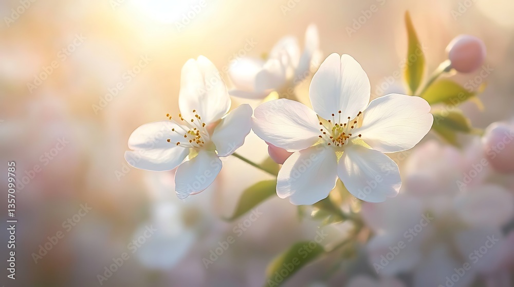 Obraz premium White Cherry Blossoms in Soft Sunlight, Close-up of white cherry blossoms with soft sunlight in the background