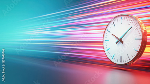 High speed time concept with clock face and colorful light streaks