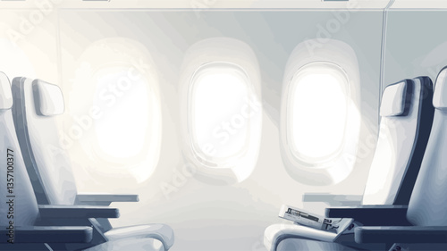 The image shows an interior view of an airplane cabin. Two empty passenger seats are positioned next to a window, which is brightly lit. The seats are modern and appear comfortable, upholstered in