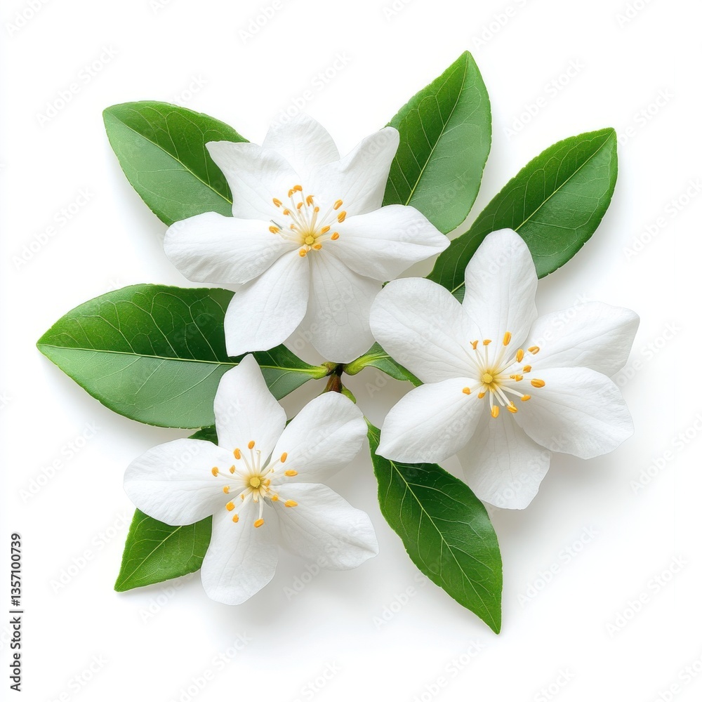Obraz premium Aesthetic white jasmine flowers with green leaves isolated on a white background.