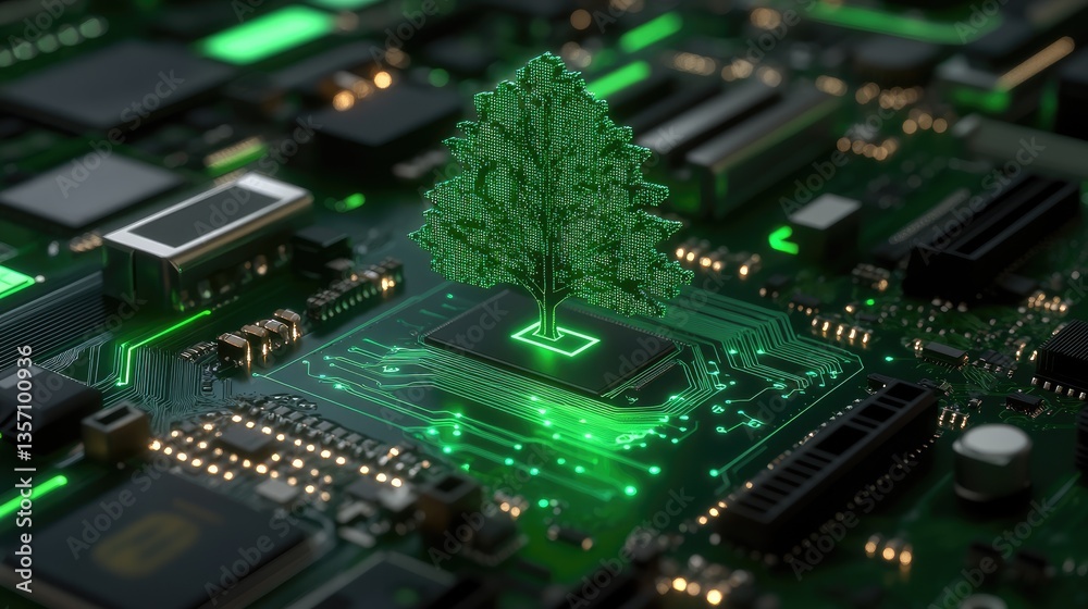 Obraz premium Tree Symbolizing Sustainability on a Circuit Board Background