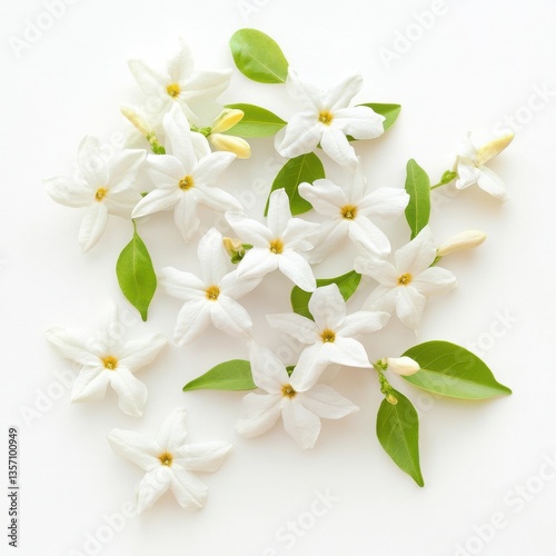 Aesthetic white jasmine flowers with green leaves isolated on a white background.