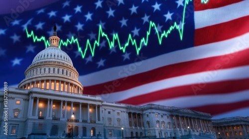 The image features the U.S. Capitol building with an American flag background and a green graph line, symbolizing political or financial trends.