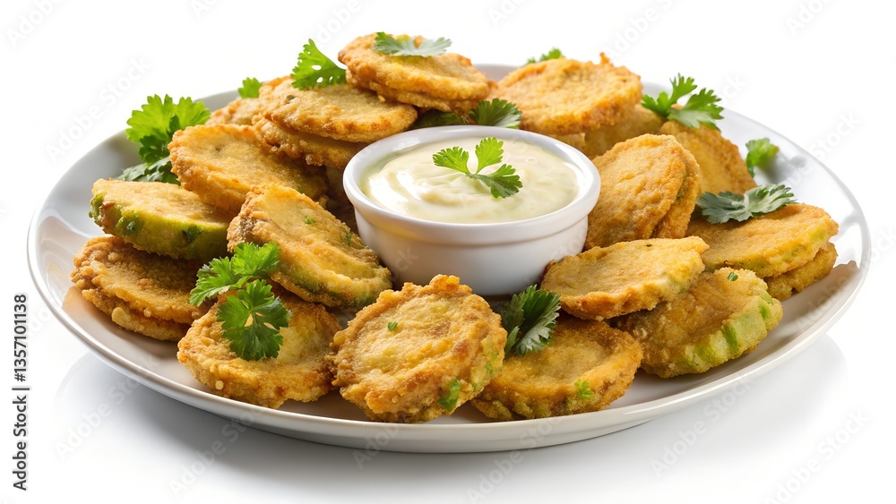 Golden Crispy Bites: A close-up shot of a delectable plate filled with golden-brown, crispy fried zucchini slices arranged artistically, complimented by a creamy dipping sauce. Golden Crispy Bites: A close-up shot of a delectable plate filled with golden-brown, crispy fried zucchini slices arranged artistically, complimented by a creamy dipping sauce.