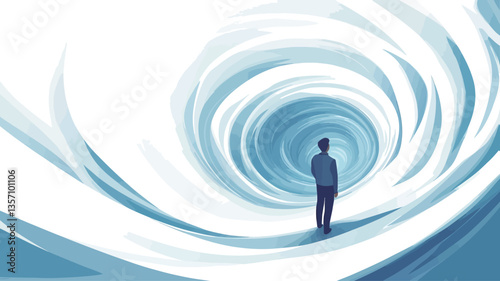 The image is a digital illustration depicting a stylized human silhouette standing before a large, swirling vortex. The vortex is primarily composed of shades of blue and white, creating a sense of
