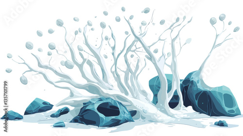 A digital illustration depicting a stylized winter landscape.  The focal point is a cluster of bare, white, ice-covered branches that appear to be partially fallen or bent over, resting on several