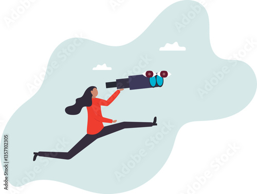 Business woman look through binoculars searching for new job or opportunity, vision or look far ahead to find future opportunity,character for design.