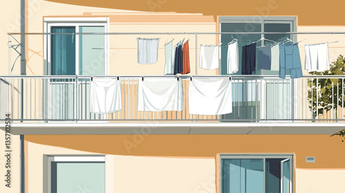 The image depicts a section of a light orange-yellow apartment building facade.  The focus is on a balcony with laundry hanging on a clothesline to dry. The laundry consists of various items of