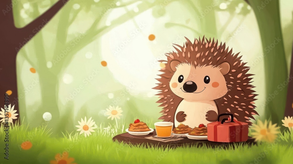 Cute Hedgehog Enjoying a Picnic in a Sunny Forest Nature Scene illustration with Cartoon Hedgehog Relaxing Wildlife Illustration with Vibrant Colors and Gentle Breeze In Nature Landscape With a Cute Hedgehog Enjoying a Picnic in a Sunny Forest Nature Scene illustration with Cartoon Hedgehog Relaxing Wildlife Illustration with Vibrant Colors and Gentle Breeze In Nature Landscape With a