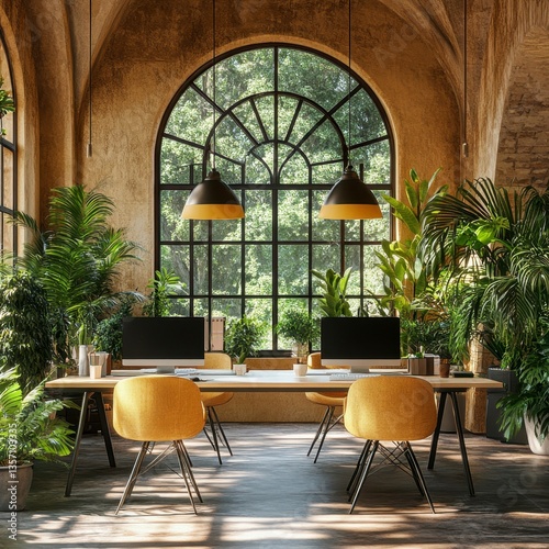 Sunlit interior workspace with arched window, lush tropical plants, wooden desk, and mustard yellow chairs. 
