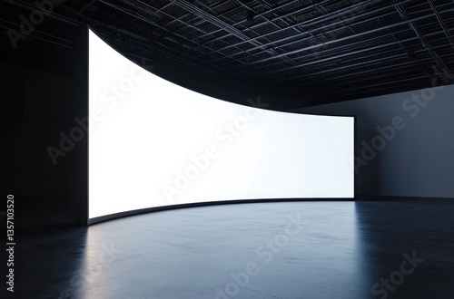 Large curved LED screen in empty virtual studio, no ceiling, black wall, white background, mockup for product/data presentation, modern atmosphere, product display