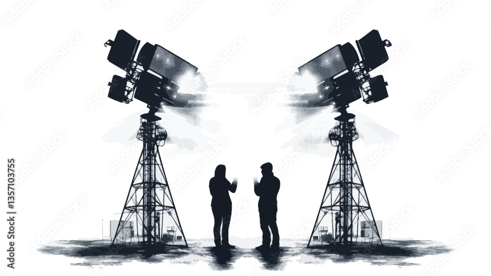 The image presents a symmetrical composition. Two human figures, rendered as silhouettes, stand between two large, tall film lights. The lights are detailed, showing their complex structures. The The image presents a symmetrical composition. Two human figures, rendered as silhouettes, stand between two large, tall film lights. The lights are detailed, showing their complex structures. The